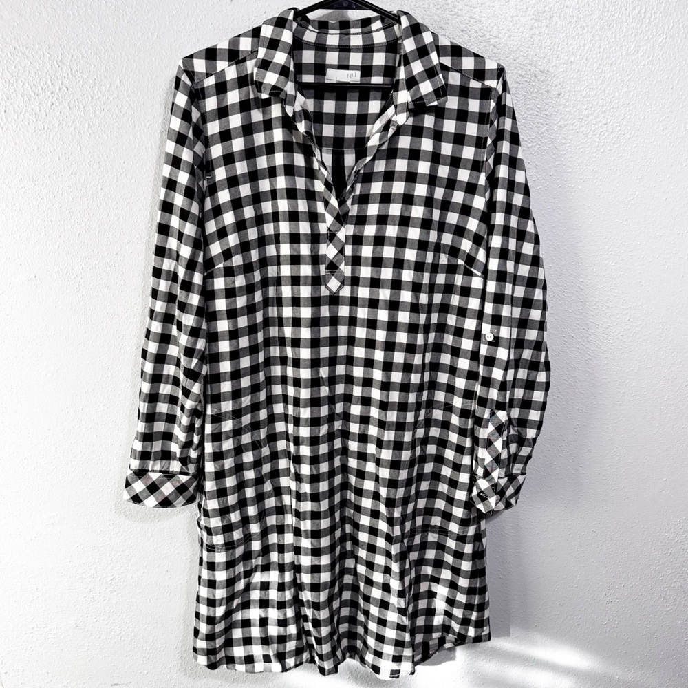 J Jill black white checker shirt dress med rayon